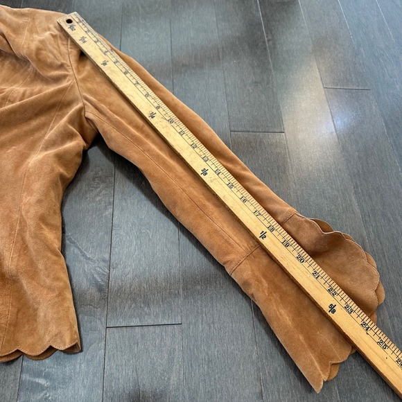 Vintage 90s Y2k Suede Leather Jacket Scalloped Bell Hem Western Romantic Camel 6 - Picture 7 of 9